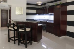 Communal bar and kitchen at the Casa Del Lago luxury condominium.